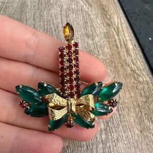 ST LABRE Christmas Candle Brooch Red Rhinestones Green Navette Cabochons